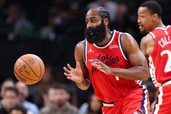 Nov 16, 2025; Boston, Massachusetts, USA; Los Angeles Clippers guard James Harden (1) catches a pass during the first half against the Boston Celtics at TD Garden. Mandatory Credit: Paul Rutherford-Imagn Images