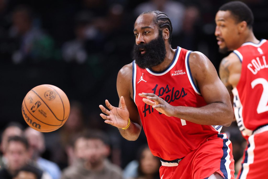 Nov 16, 2025; Boston, Massachusetts, USA; Los Angeles Clippers guard James Harden (1) catches a pass during the first half against the Boston Celtics at TD Garden. Mandatory Credit: Paul Rutherford-Imagn Images