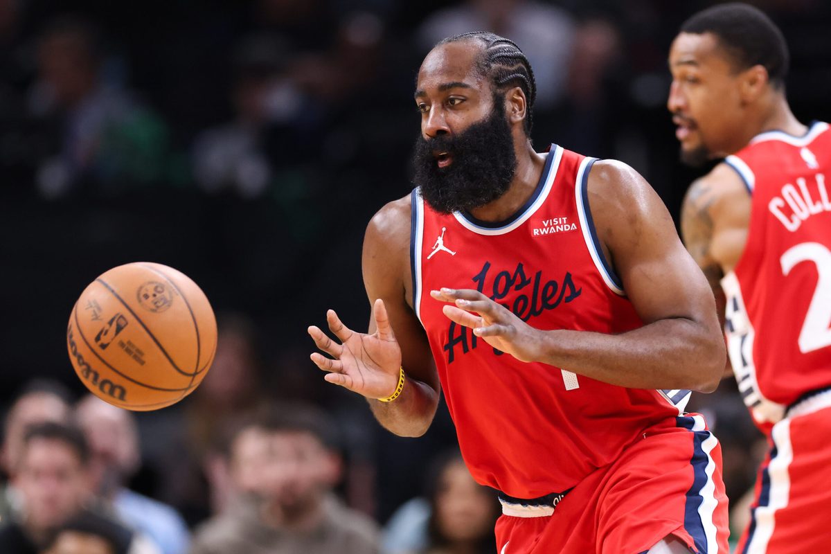 Nov 16, 2025; Boston, Massachusetts, USA; Los Angeles Clippers guard James Harden (1) catches a pass during the first half against the Boston Celtics at TD Garden. Mandatory Credit: Paul Rutherford-Imagn Images