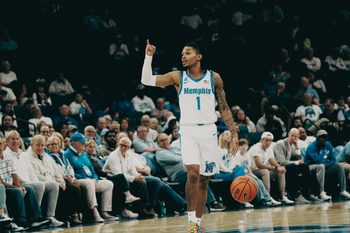Memphis Tiger Dug McDaniel (1) calls out a play against UNLV during a basketball game on Nov. 16, 2025 at the FedExForum in Memphis, Tennessee.