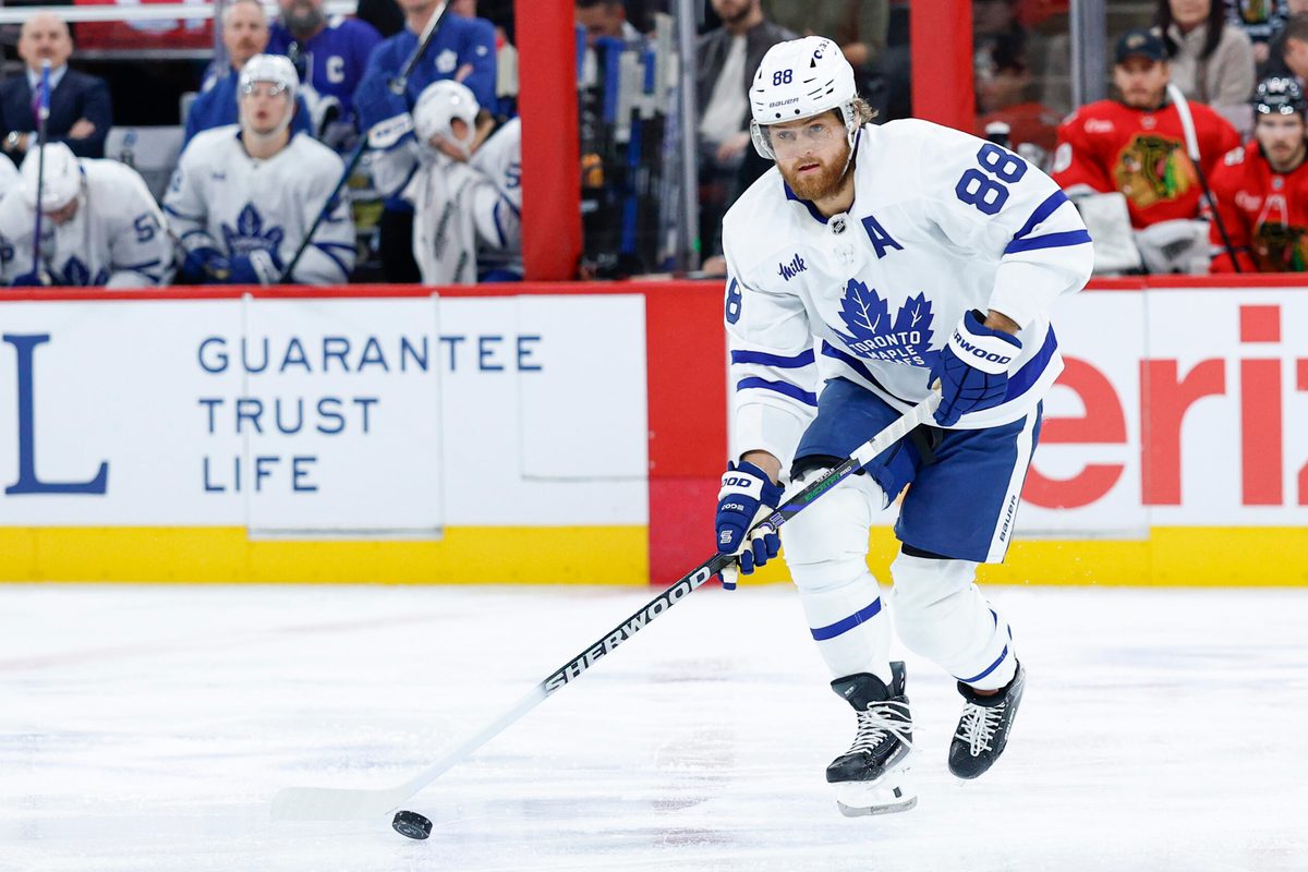 Nov 15, 2025; Chicago, Illinois, USA; Toronto Maple Leafs right wing William Nylander (88) looks to pass the puck against the Chicago Blackhawks during the first period at United Center. Mandatory Credit: Kamil Krzaczynski-Imagn Images