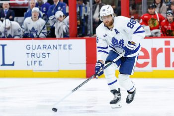 Nov 15, 2025; Chicago, Illinois, USA; Toronto Maple Leafs right wing William Nylander (88) looks to pass the puck against the Chicago Blackhawks during the first period at United Center. Mandatory Credit: Kamil Krzaczynski-Imagn Images