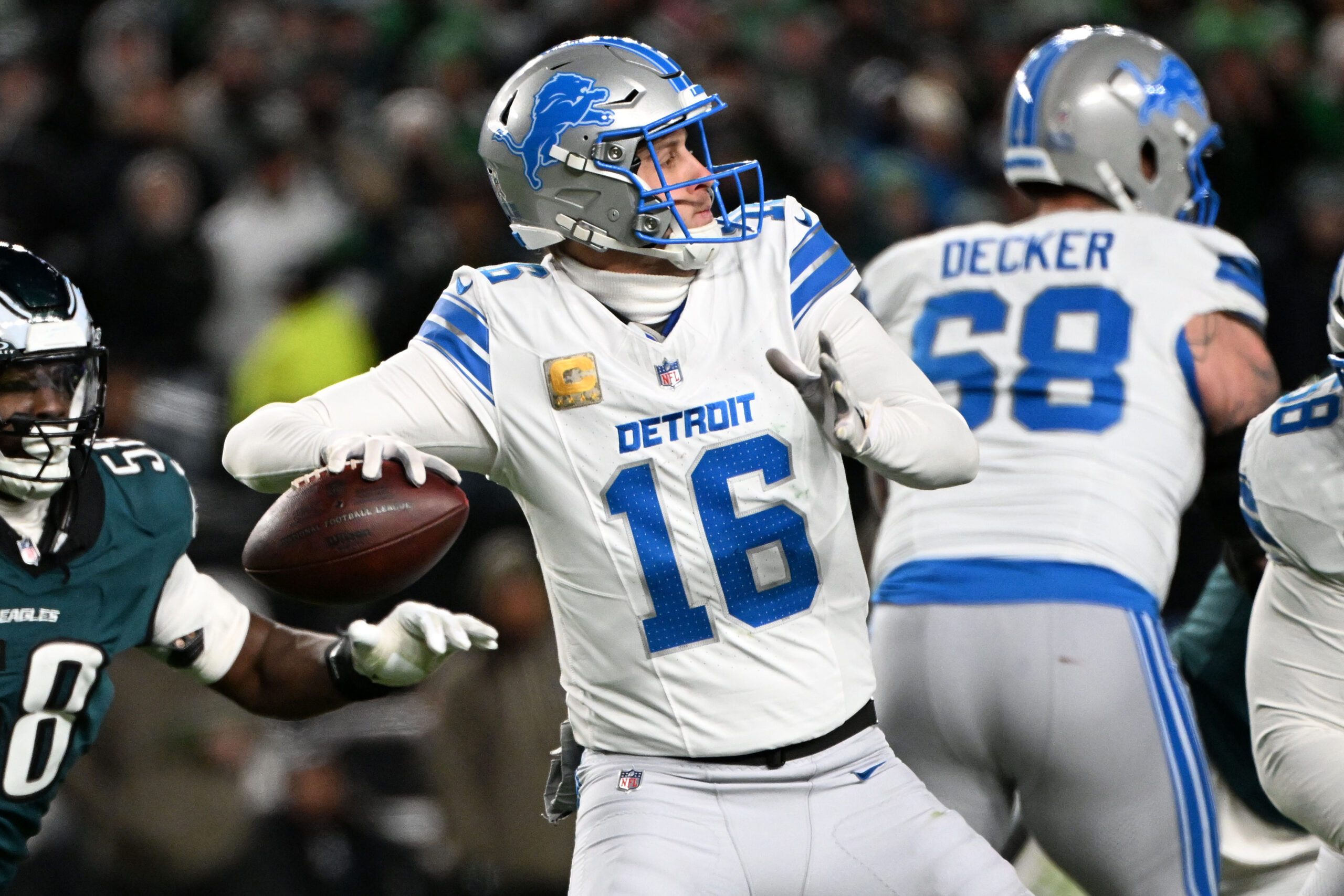 Nov 16, 2025; Philadelphia, Pennsylvania, USA;  Detroit Lions quarterback Jared Goff (16) drops back to pass against the Philadelphia Eagles during the second half at Lincoln Financial Field. Mandatory Credit: Eric Hartline-Imagn Images