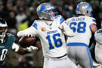 Nov 16, 2025; Philadelphia, Pennsylvania, USA;  Detroit Lions quarterback Jared Goff (16) drops back to pass against the Philadelphia Eagles during the second half at Lincoln Financial Field. Mandatory Credit: Eric Hartline-Imagn Images