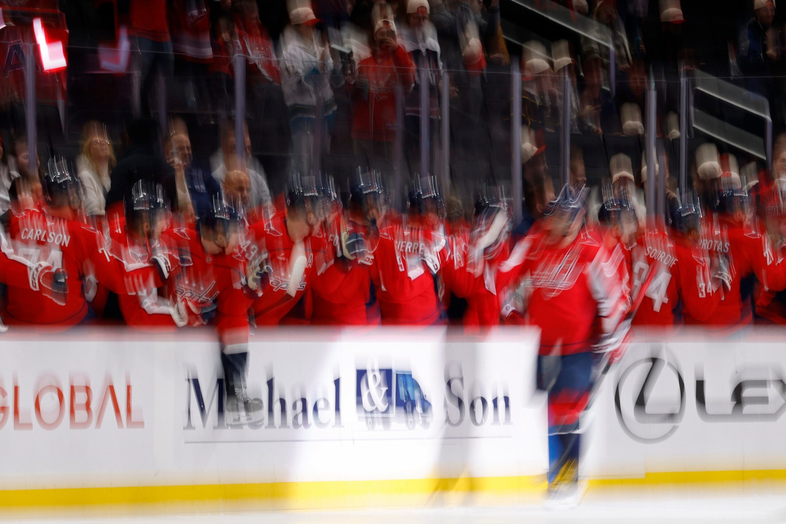 Nov 17, 2025; Washington, District of Columbia, USA; Washington Capitals left wing Alex Ovechkin (8) celebrates with teammates after scoring a goal against the Los Angeles Kings during the second period at Capital One Arena. Mandatory Credit: Geoff Burke-Imagn Images
