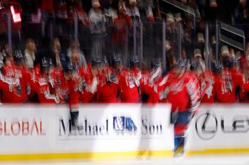 Nov 17, 2025; Washington, District of Columbia, USA; Washington Capitals left wing Alex Ovechkin (8) celebrates with teammates after scoring a goal against the Los Angeles Kings during the second period at Capital One Arena. Mandatory Credit: Geoff Burke-Imagn Images