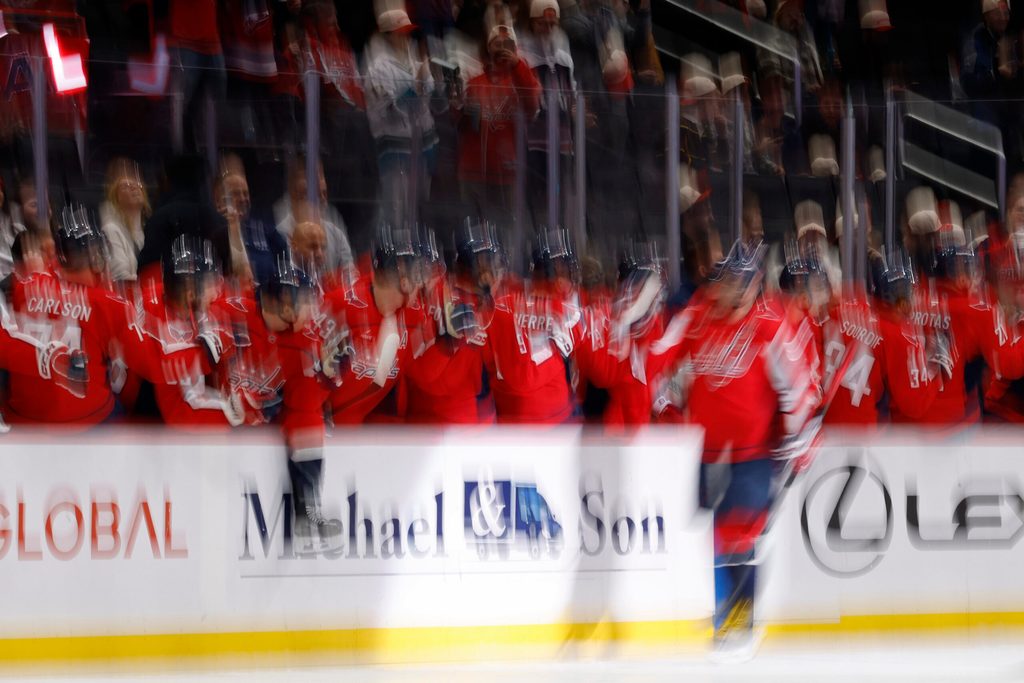 Nov 17, 2025; Washington, District of Columbia, USA; Washington Capitals left wing Alex Ovechkin (8) celebrates with teammates after scoring a goal against the Los Angeles Kings during the second period at Capital One Arena. Mandatory Credit: Geoff Burke-Imagn Images