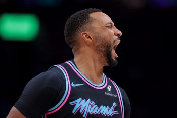Nov 17, 2025; Miami, Florida, USA; Miami Heat guard Norman Powell (24) reacts against the New York Knicks during the fourth quarter at Kaseya Center. Mandatory Credit: Sam Navarro-Imagn Images
