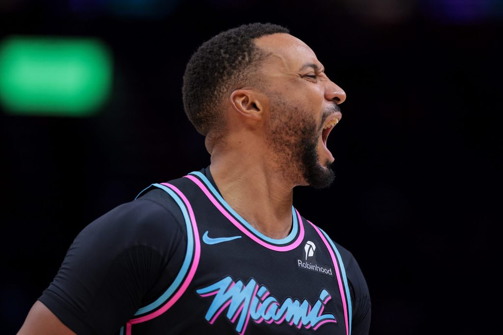 Nov 17, 2025; Miami, Florida, USA; Miami Heat guard Norman Powell (24) reacts against the New York Knicks during the fourth quarter at Kaseya Center. Mandatory Credit: Sam Navarro-Imagn Images