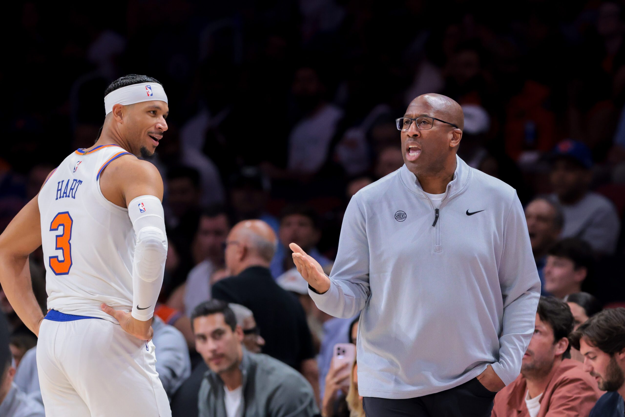 Nov 17, 2025; Miami, Florida, USA; New York Knicks head coach Mike Brown reacts after a technical foul against New York Knicks guard Josh Hart (3) during the third quarter against the Miami Heat at Kaseya Center. Mandatory Credit: Sam Navarro-Imagn Images