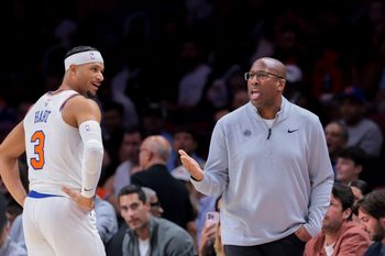 Nov 17, 2025; Miami, Florida, USA; New York Knicks head coach Mike Brown reacts after a technical foul against New York Knicks guard Josh Hart (3) during the third quarter against the Miami Heat at Kaseya Center. Mandatory Credit: Sam Navarro-Imagn Images