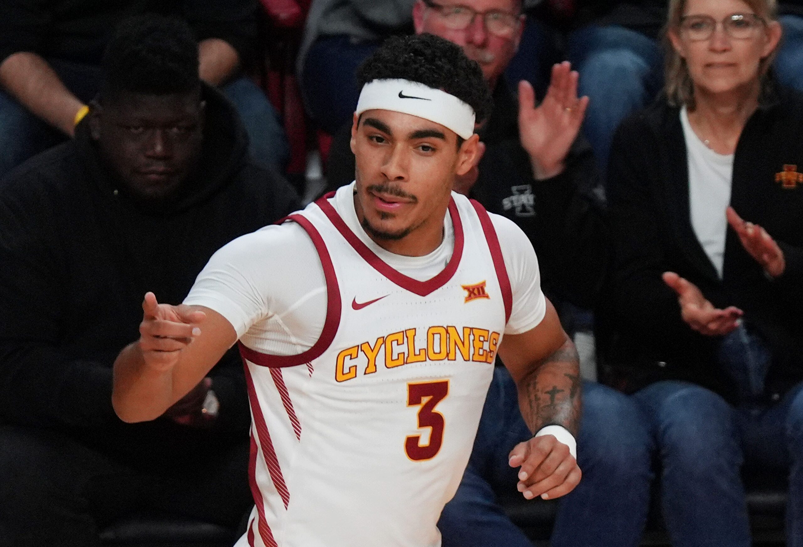 Iowa State Cyclones guard Tamin Lipsey (3) reacts after making a three-point shot against Stonehill during the second half in the NCAA basketball on Nov. 17, 2025, at Hilton Coliseum in Ames, Iowa.Iowa.