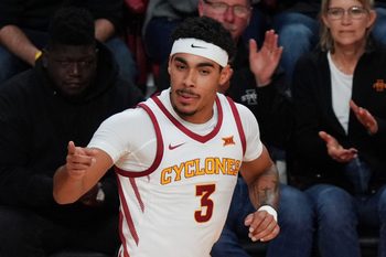 Iowa State Cyclones guard Tamin Lipsey (3) reacts after making a three-point shot against Stonehill during the second half in the NCAA basketball on Nov. 17, 2025, at Hilton Coliseum in Ames, Iowa.Iowa.