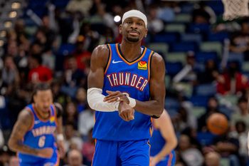 Nov 17, 2025; New Orleans, Louisiana, USA;  Oklahoma City Thunder guard Shai Gilgeous-Alexander (2) reacts after a play against the New Orleans Pelicans during the second half at Smoothie King Center. Mandatory Credit: Stephen Lew-Imagn Images