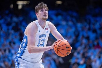 Nov 14, 2025; Chapel Hill, North Carolina, USA; North Carolina Tar Heels center Henri Veesaar (13) lines up for a free throw against the North Carolina Central Eagles in the second half at Dean E. Smith Center. Mandatory Credit: Scott Kinser-Imagn Images