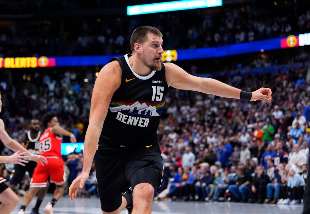 Nov 17, 2025; Denver, Colorado, USA; Denver Nuggets center Nikola Jokic (15) during the fourth quarter against the Chicago Bulls at Ball Arena. Mandatory Credit: Ron Chenoy-Imagn Images