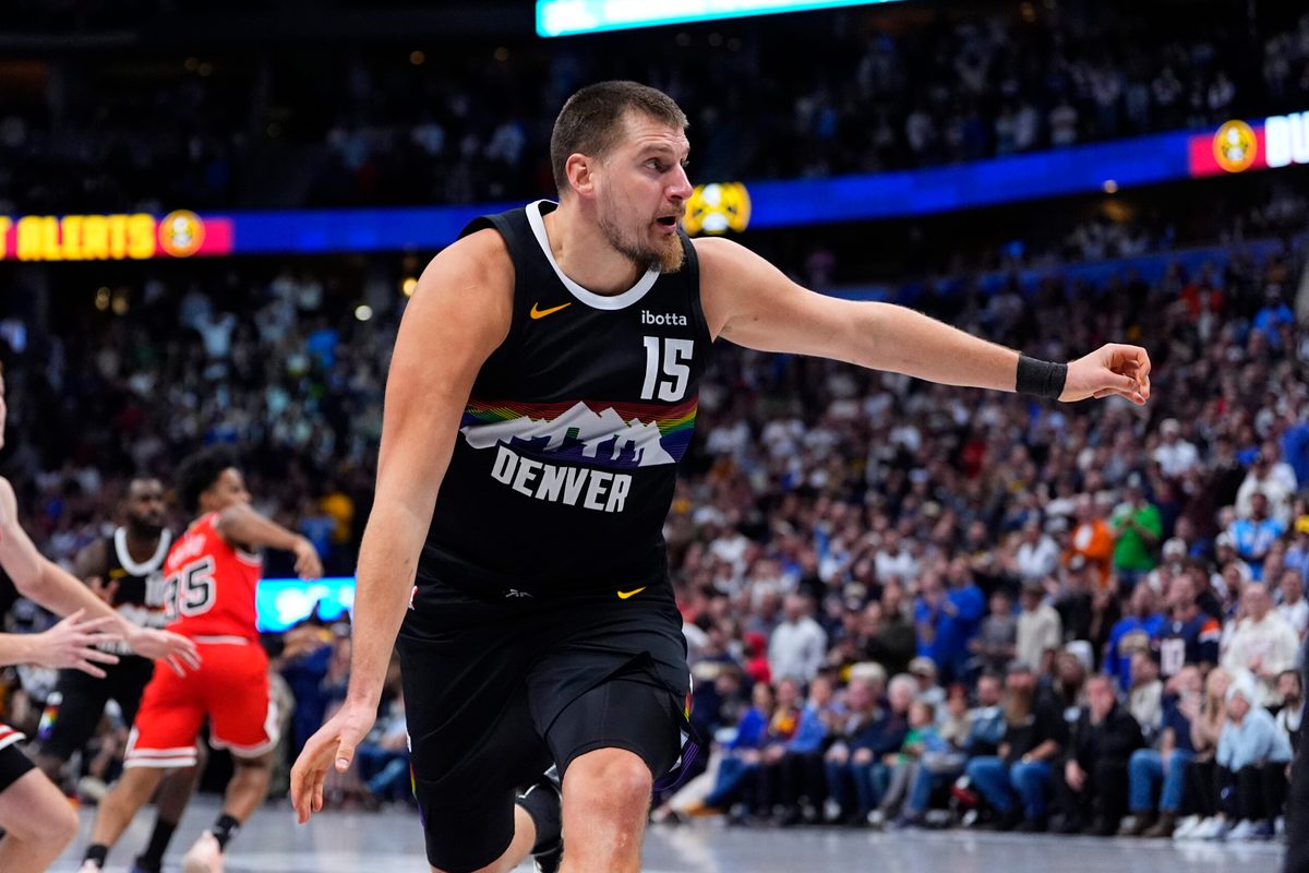 Nov 17, 2025; Denver, Colorado, USA; Denver Nuggets center Nikola Jokic (15) during the fourth quarter against the Chicago Bulls at Ball Arena. Mandatory Credit: Ron Chenoy-Imagn Images