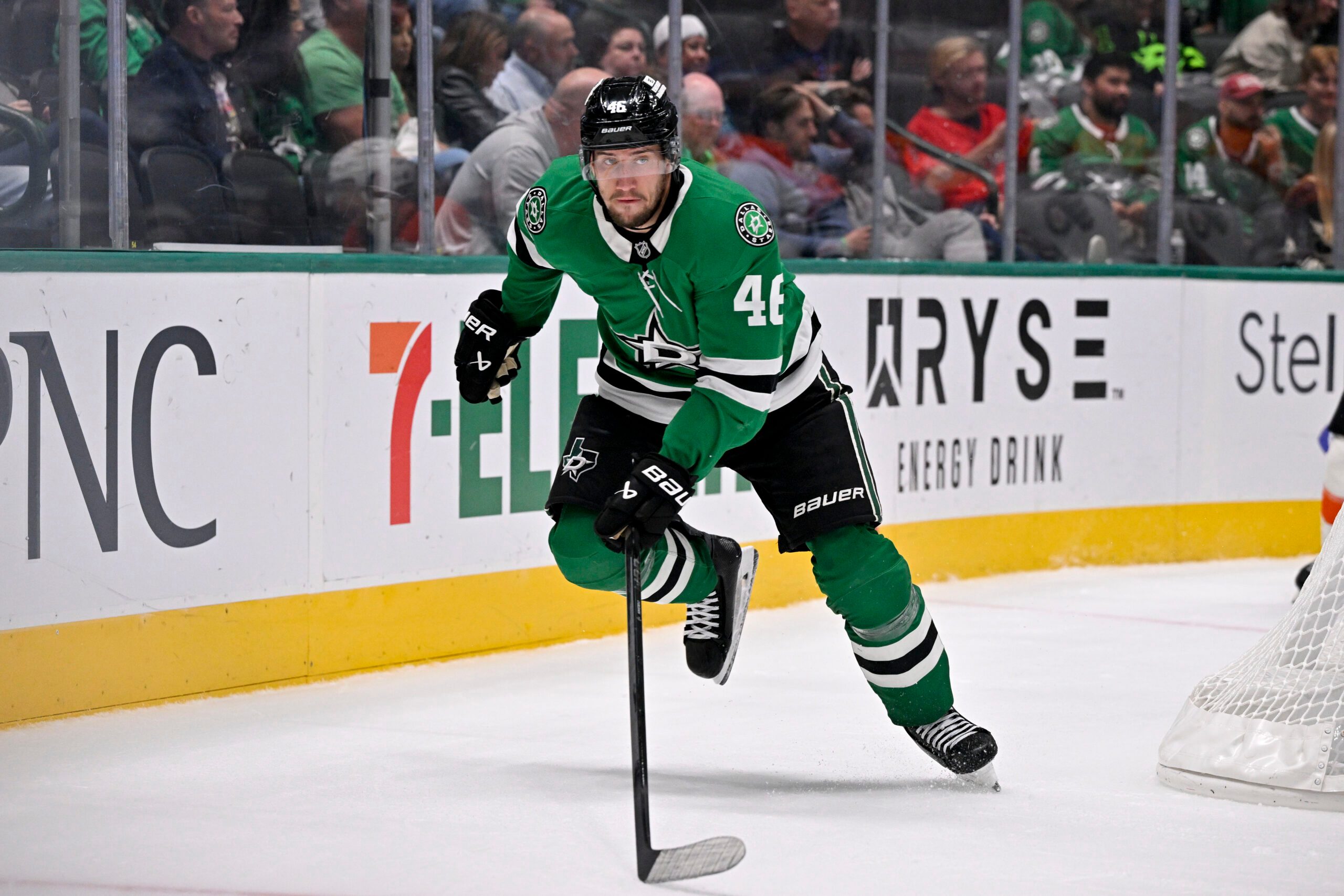 Nov 15, 2025; Dallas, Texas, USA; Dallas Stars defenseman Ilya Lyubushkin (46) skates against the Philadelphia Flyers during the game between the Stars and the Flyers at the American Airlines Center. Mandatory Credit: Jerome Miron-Imagn Images