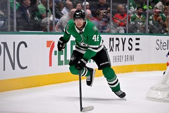 Nov 15, 2025; Dallas, Texas, USA; Dallas Stars defenseman Ilya Lyubushkin (46) skates against the Philadelphia Flyers during the game between the Stars and the Flyers at the American Airlines Center. Mandatory Credit: Jerome Miron-Imagn Images