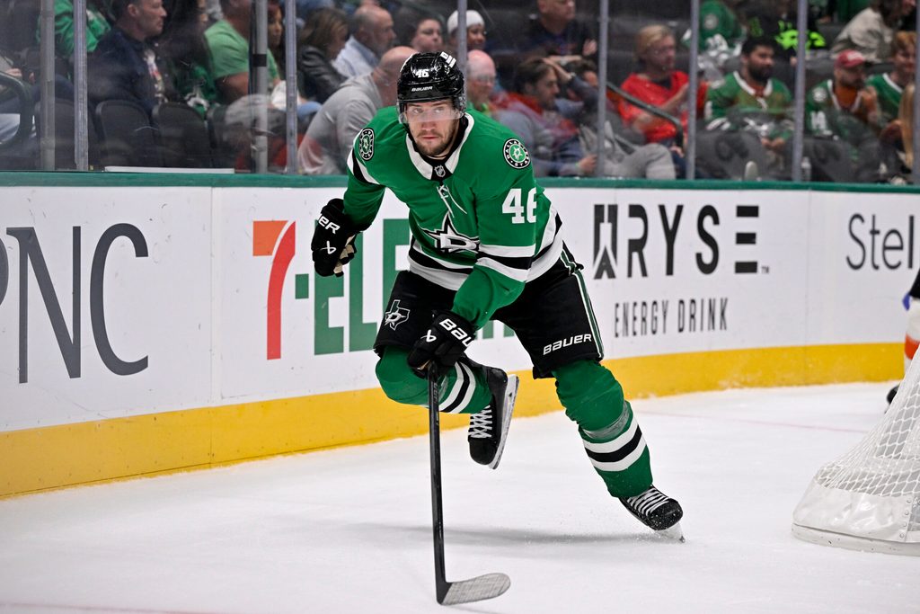 Nov 15, 2025; Dallas, Texas, USA; Dallas Stars defenseman Ilya Lyubushkin (46) skates against the Philadelphia Flyers during the game between the Stars and the Flyers at the American Airlines Center. Mandatory Credit: Jerome Miron-Imagn Images