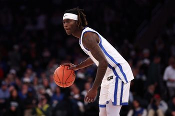 Nov 18, 2025; New York, New York, USA; Kentucky Wildcats guard Denzel Aberdeen (1) dribbles during the second half against the Michigan State Spartans at Madison Square Garden. Mandatory Credit: Vincent Carchietta-Imagn Images
