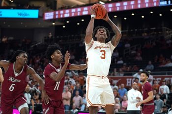 Nov 18, 2025; Austin, Texas, USA; Texas Longhorns guard Dailyn Swain (3) drives the ball to the basket during the first half against the Rider Broncs at Moody Center. Mandatory Credit: Dustin Safranek-Imagn Images