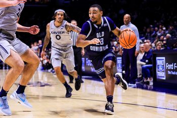 Nov 18, 2025; Cincinnati, Ohio, USA; Old Dominion Monarchs guard Jordan Battle (23) dribbles against the Xavier Musketeers in the second half at Cintas Center. Mandatory Credit: Katie Stratman-Imagn Images