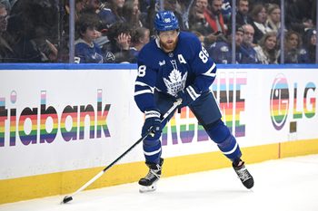 Nov 18, 2025; Toronto, Ontario, CAN;  Toronto Maple Leafs forward William Nylander (88) skates with the puck against the St. Louis Blues in the third period at Scotiabank Arena. Mandatory Credit: Dan Hamilton-Imagn Images
