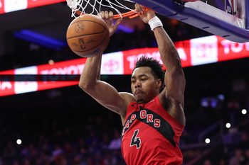 Nov 19, 2025; Philadelphia, Pennsylvania, USA; Toronto Raptors forward Scottie Barnes (4) dunks the ball against the Philadelphia 76ers during the fourth quarter at Xfinity Mobile Arena. Mandatory Credit: Bill Streicher-Imagn Images