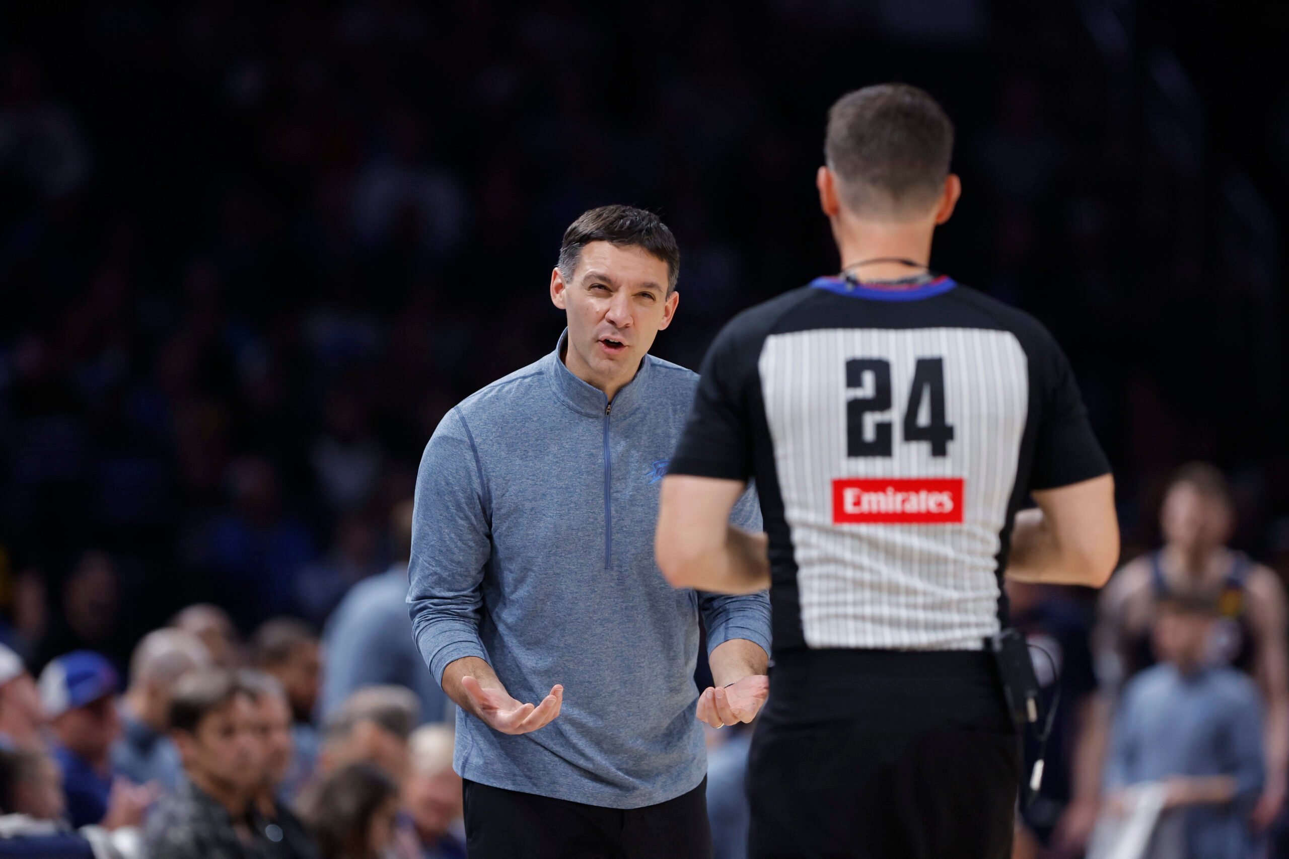Nov 19, 2025; Oklahoma City, Oklahoma, USA; Oklahoma City Thunder head coach Mark Daigneault talks to an official after a play against the Sacramento Kings during the second half at Paycom Center. Mandatory Credit: Alonzo Adams-Imagn Images