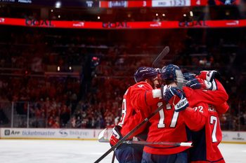 Nov 19, 2025; Washington, District of Columbia, USA; Washington Capitals left wing Anthony Beauvillier (72) celebrates with teammates after scoring a goal against the Edmonton Oilers during the third period at Capital One Arena. Mandatory Credit: Geoff Burke-Imagn Images