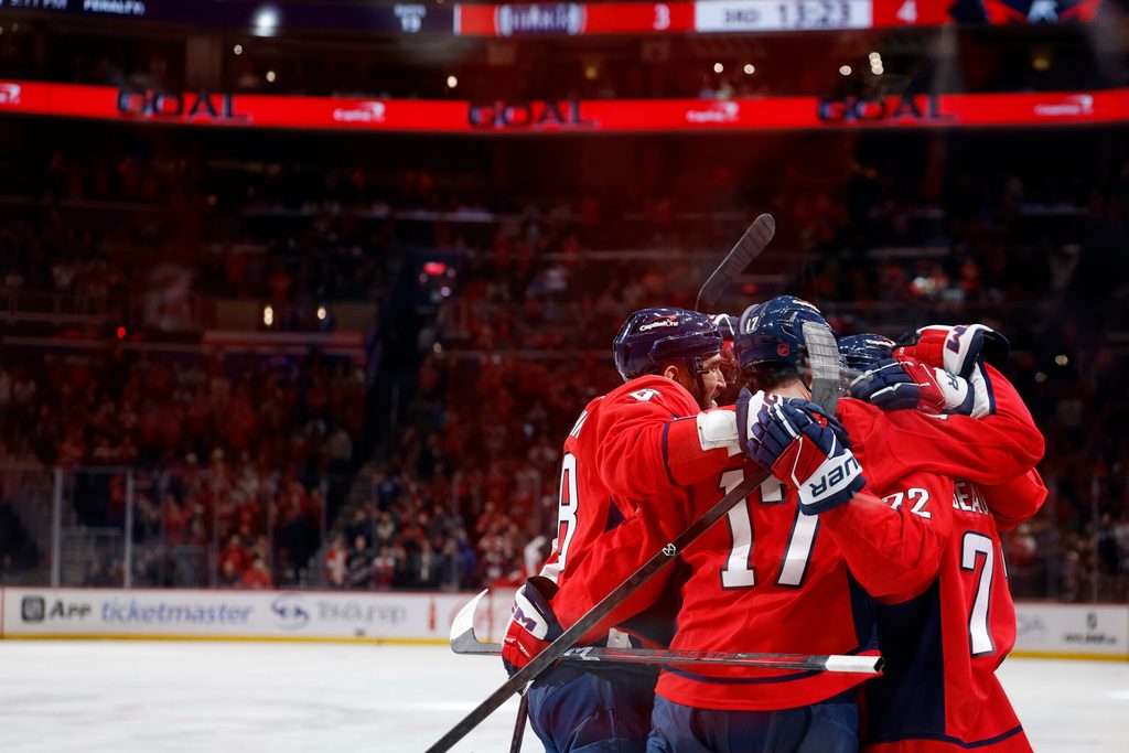 Nov 19, 2025; Washington, District of Columbia, USA; Washington Capitals left wing Anthony Beauvillier (72) celebrates with teammates after scoring a goal against the Edmonton Oilers during the third period at Capital One Arena. Mandatory Credit: Geoff Burke-Imagn Images