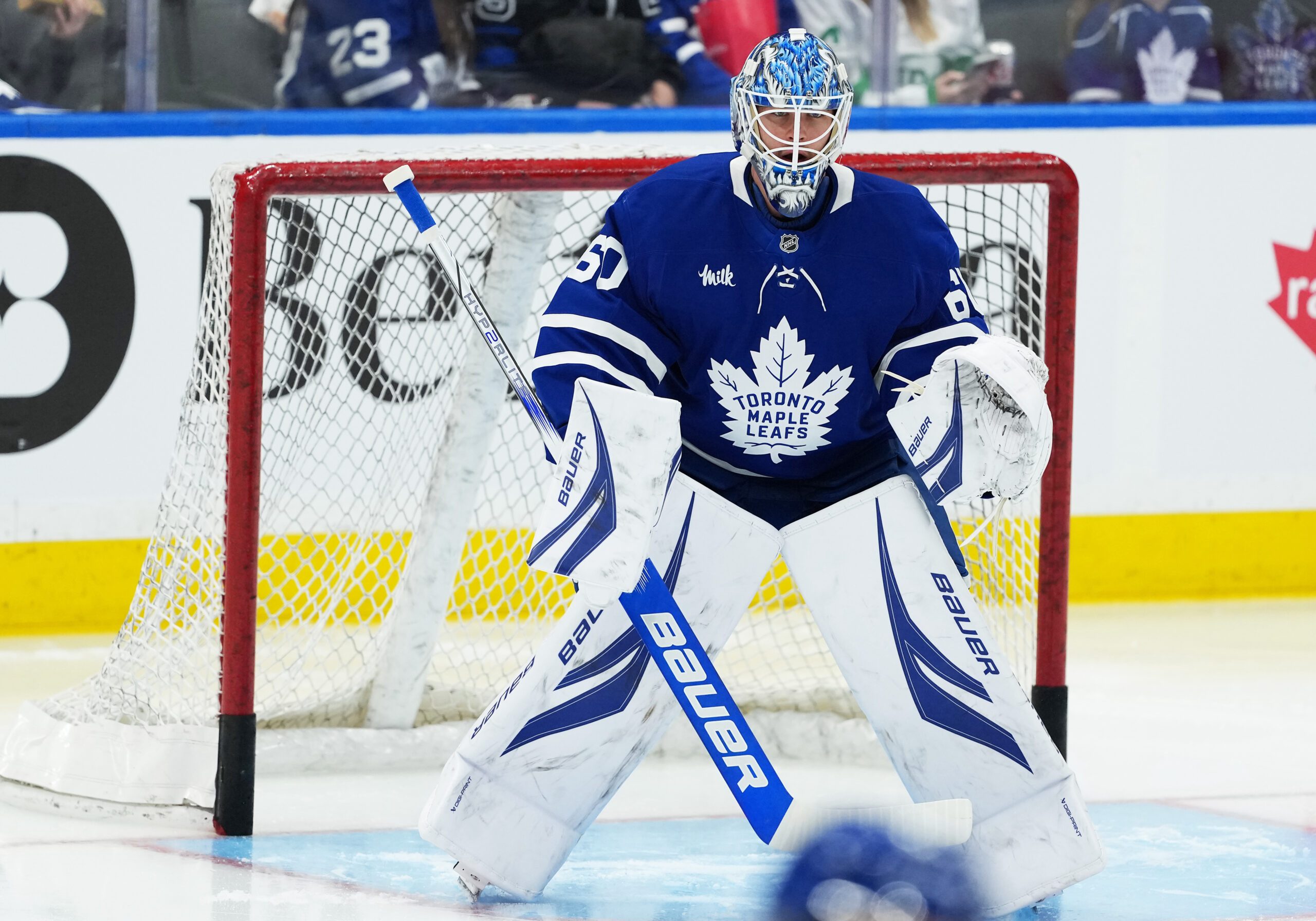 Nov 20, 2025; Toronto, Ontario, CAN; Toronto Maple Leafs goaltender Joseph Woll (60) takes puck shots during the warmup before a game against the Columbus Blue Jackets at Scotiabank Arena. Mandatory Credit: Nick Turchiaro-Imagn Images