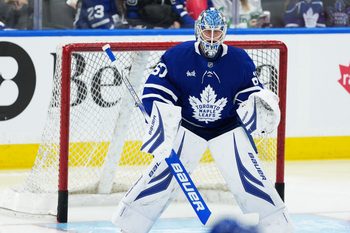 Nov 20, 2025; Toronto, Ontario, CAN; Toronto Maple Leafs goaltender Joseph Woll (60) takes puck shots during the warmup before a game against the Columbus Blue Jackets at Scotiabank Arena. Mandatory Credit: Nick Turchiaro-Imagn Images