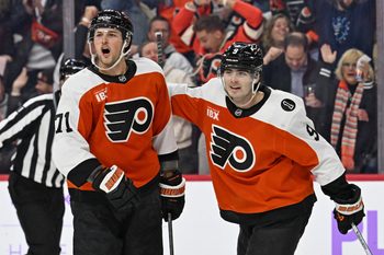 Nov 20, 2025; Philadelphia, Pennsylvania, USA; Philadelphia Flyers right wing Tyson Foerster (71) celebrates his goal with defenseman Jamie Drysdale (9) against the St. Louis Blues during the third period at Xfinity Mobile Arena. Mandatory Credit: Eric Hartline-Imagn Images