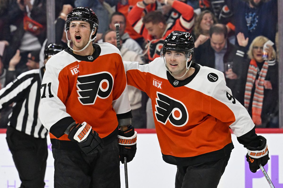 Nov 20, 2025; Philadelphia, Pennsylvania, USA; Philadelphia Flyers right wing Tyson Foerster (71) celebrates his goal with defenseman Jamie Drysdale (9) against the St. Louis Blues during the third period at Xfinity Mobile Arena. Mandatory Credit: Eric Hartline-Imagn Images
