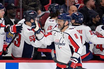 Nov 20, 2025; Montreal, Quebec, CAN; Washington Capitals forward Alex Ovechkin (8) celebrates with teammates after scoring a goal against the Montreal Canadiens  during the third period at the Bell Centre. Mandatory Credit: Eric Bolte-Imagn Images