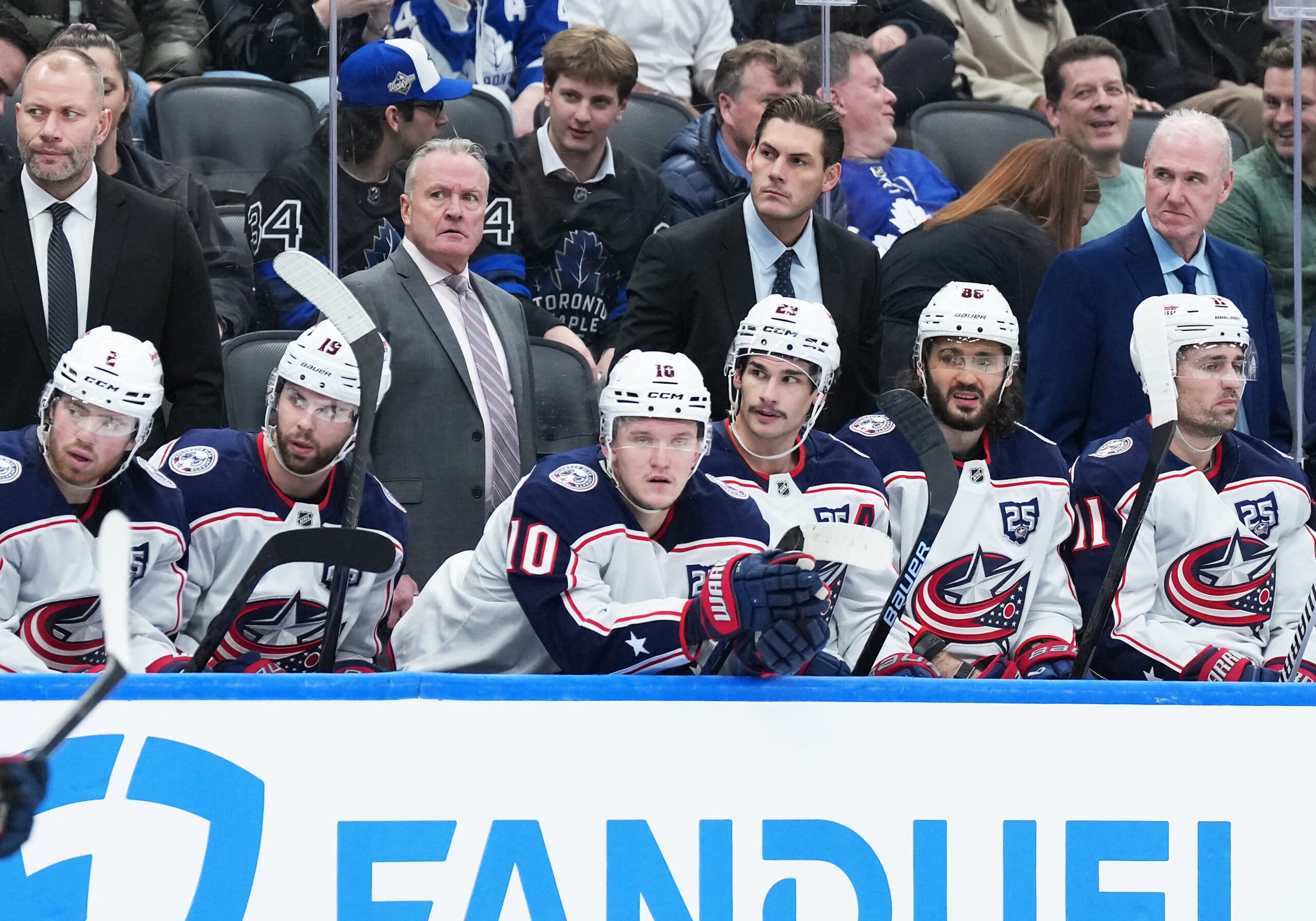 Nov 20, 2025; Toronto, Ontario, CAN; Columbus Blue Jackets head coach Dean Evason watches the play against the Toronto Maple Leafs during the third period at Scotiabank Arena. Mandatory Credit: Nick Turchiaro-Imagn Images