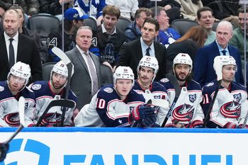 Nov 20, 2025; Toronto, Ontario, CAN; Columbus Blue Jackets head coach Dean Evason watches the play against the Toronto Maple Leafs during the third period at Scotiabank Arena. Mandatory Credit: Nick Turchiaro-Imagn Images
