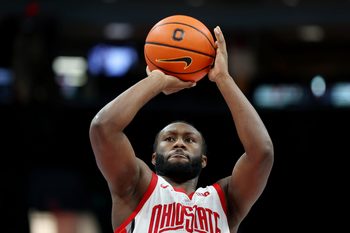 Nov 20, 2025; Columbus, Ohio, USA;  Ohio State Buckeyes guard Bruce Thornton (2) shoots a free throw during the second half against the Western Michigan Broncos at Value City Arena. Mandatory Credit: Joseph Maiorana-Imagn Images