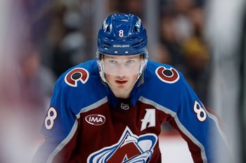 Nov 20, 2025; Denver, Colorado, USA; Colorado Avalanche defenseman Cale Makar (8) in the second period against the New York Rangers at Ball Arena. Mandatory Credit: Isaiah J. Downing-Imagn Images