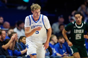 Nov 21, 2025; Lexington, Kentucky, USA; Kentucky Wildcats guard Collin Chandler (5) reacts after making a three point basket during the first half against the Loyola (MD) Greyhounds at Rupp Arena at Central Bank Center. Mandatory Credit: Jordan Prather-Imagn Images