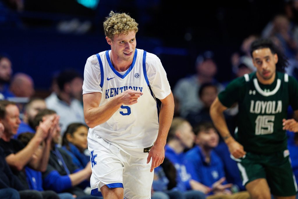 Nov 21, 2025; Lexington, Kentucky, USA; Kentucky Wildcats guard Collin Chandler (5) reacts after making a three point basket during the first half against the Loyola (MD) Greyhounds at Rupp Arena at Central Bank Center. Mandatory Credit: Jordan Prather-Imagn Images