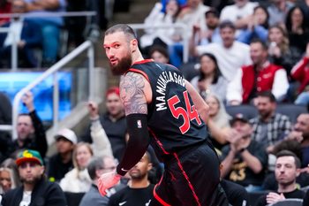 Nov 21, 2025; Toronto, Ontario, CAN;  Sandro Mamukelashvili (54) of the Toronto Raptors looks on against the Washington Wizards during the second half at Scotiabank Arena. Mandatory Credit: Kevin Sousa-Imagn Images