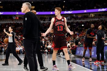 Nov 21, 2025; Chicago, Illinois, USA; Chicago Bulls guard Kevin Huerter (13) reacts after being ejected from the game against the Miami Heat during the second half at United Center. Mandatory Credit: Kamil Krzaczynski-Imagn Images