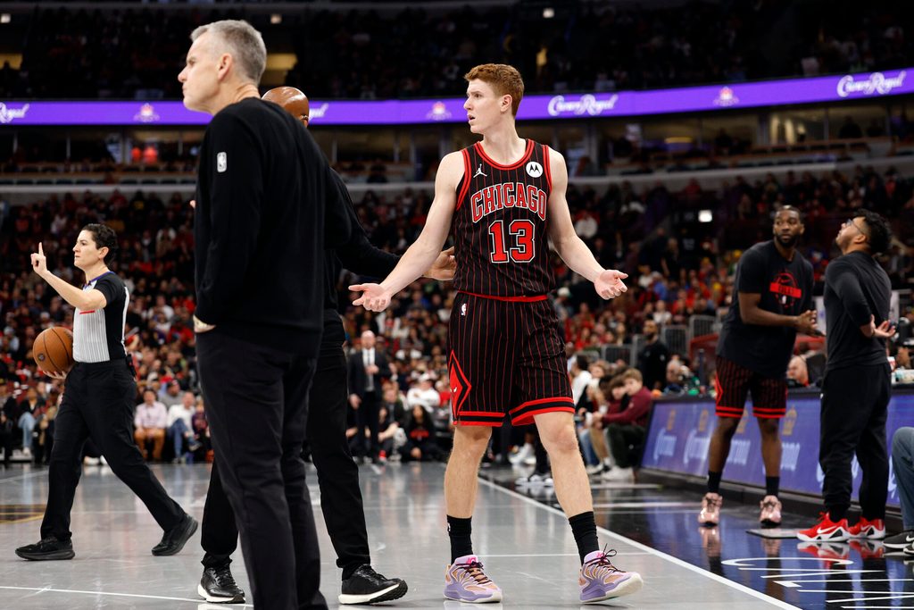 Nov 21, 2025; Chicago, Illinois, USA; Chicago Bulls guard Kevin Huerter (13) reacts after being ejected from the game against the Miami Heat during the second half at United Center. Mandatory Credit: Kamil Krzaczynski-Imagn Images
