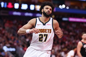 Nov 21, 2025; Houston, Texas, USA; Denver Nuggets guard Jamal Murray (27) reacts after scoring a basket during the third quarter against the Houston Rockets at Toyota Center. Mandatory Credit: Troy Taormina-Imagn Images