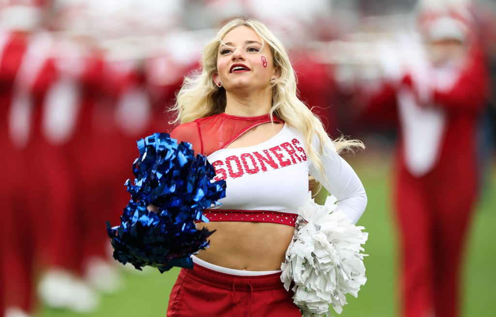 Nov 22, 2025; Norman, Oklahoma, USA; Oklahoma Sooners cheerleader before the game against the Missouri Tigers at Gaylord Family-Oklahoma Memorial Stadium. Mandatory Credit: Kevin Jairaj-Imagn Images
