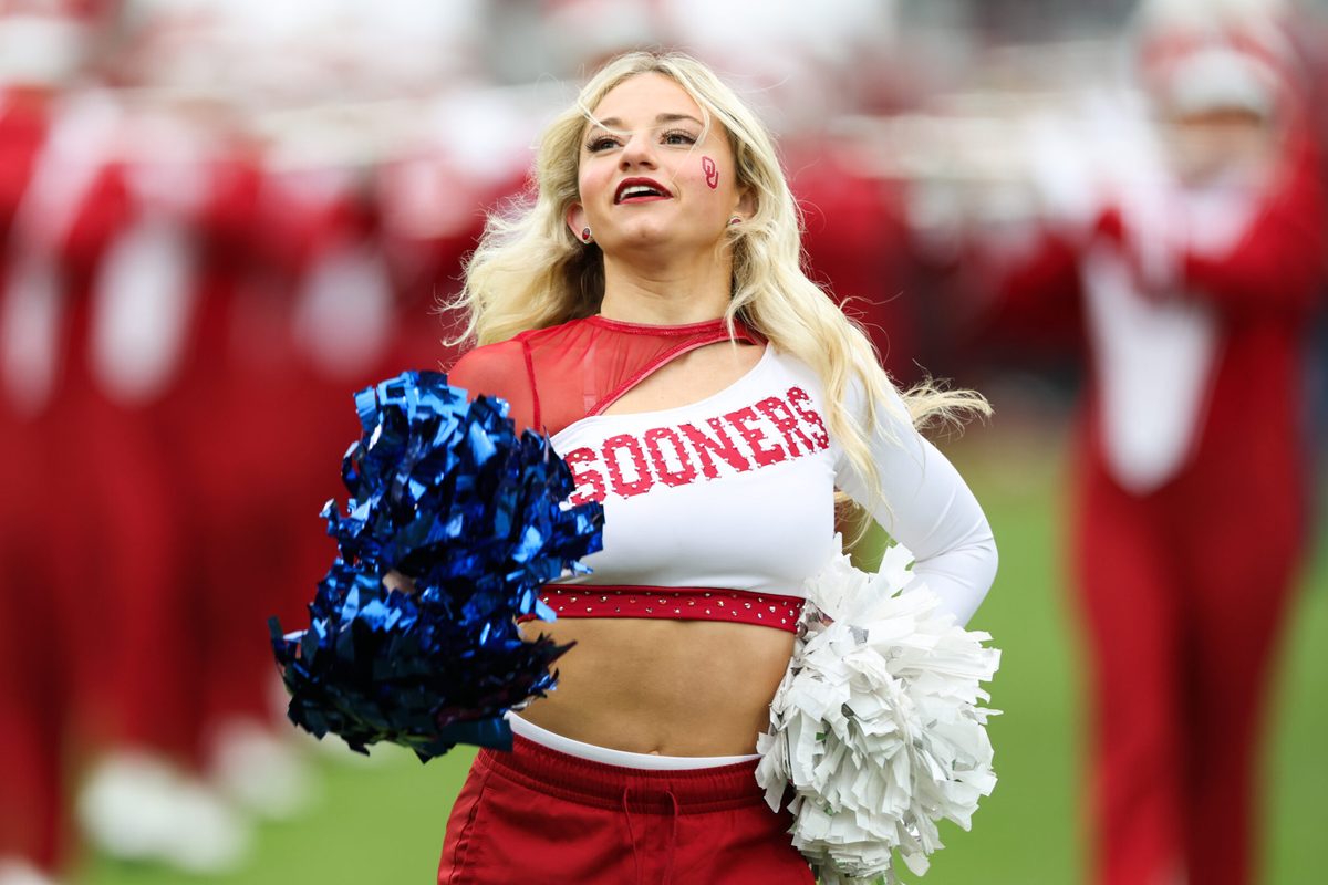 Nov 22, 2025; Norman, Oklahoma, USA; Oklahoma Sooners cheerleader before the game against the Missouri Tigers at Gaylord Family-Oklahoma Memorial Stadium. Mandatory Credit: Kevin Jairaj-Imagn Images