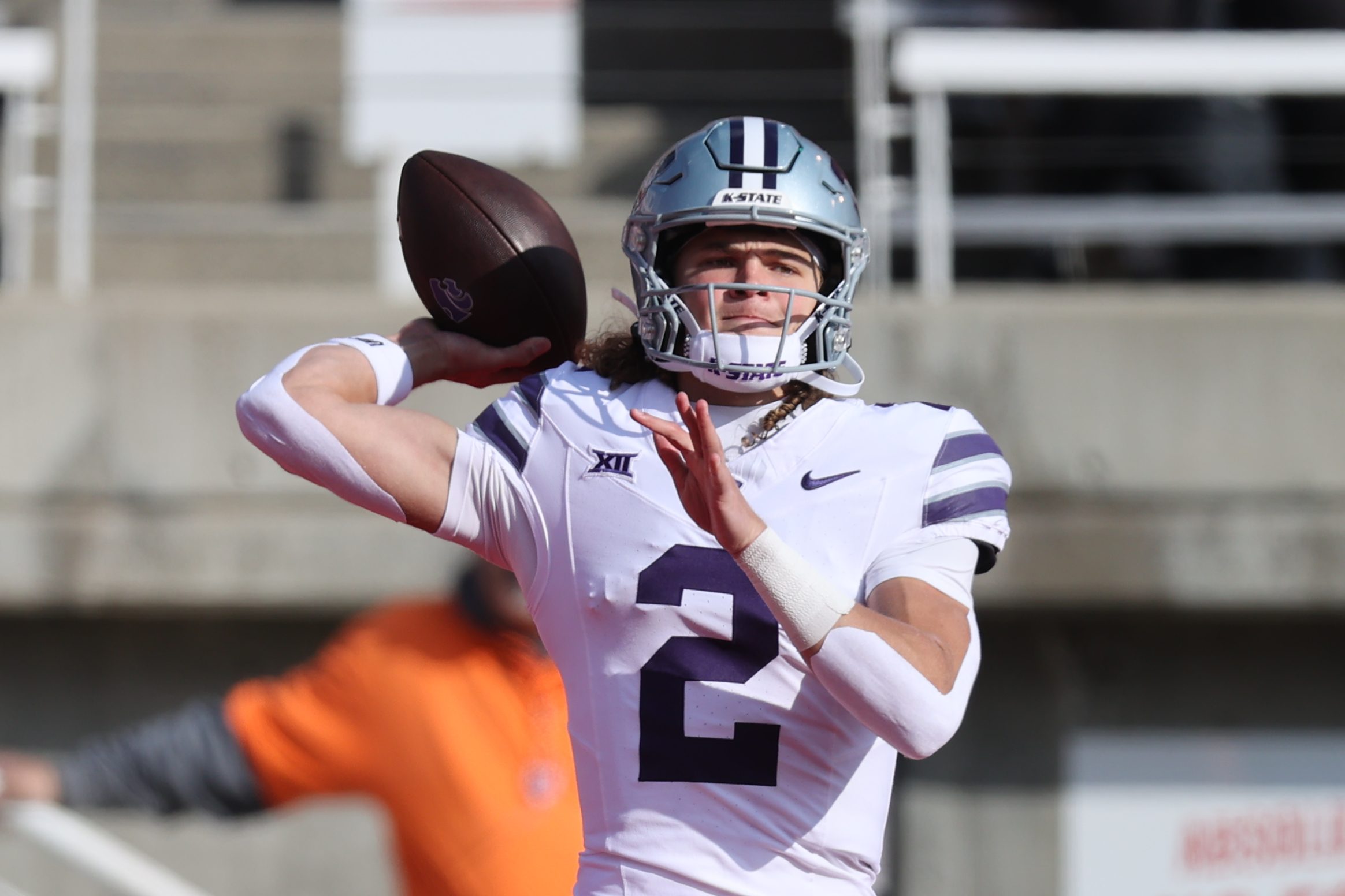 Nov 22, 2025; Salt Lake City, Utah, USA; Kansas State Wildcats quarterback Avery Johnson (2) warms up before the game against the Utah Utes at Rice-Eccles Stadium. Mandatory Credit: Rob Gray-Imagn Images